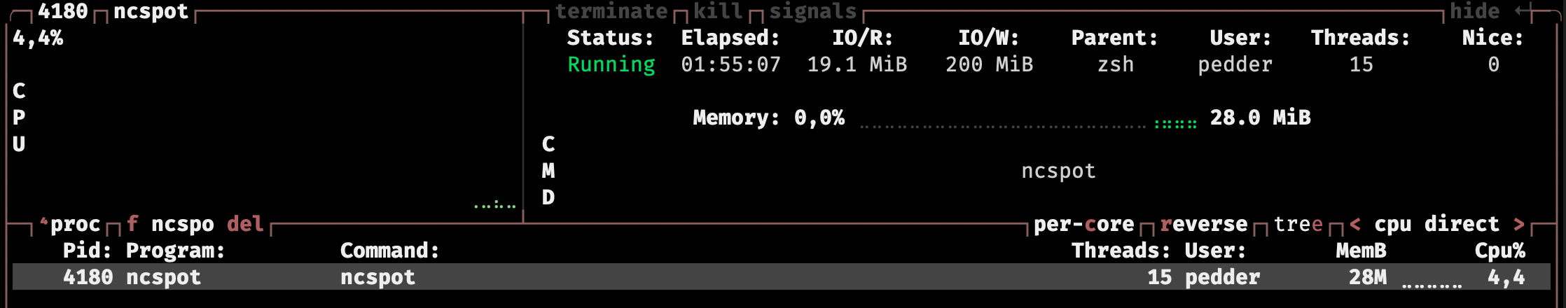 ncspot mit 28MB Speicherverbrauch
