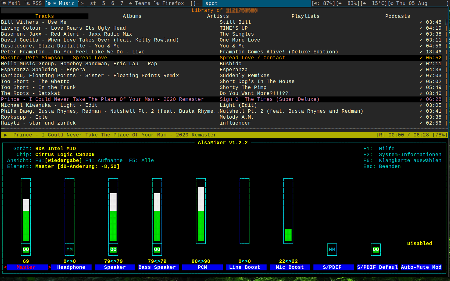 ncspot mit alsamixer für die Lautstärkeregelung