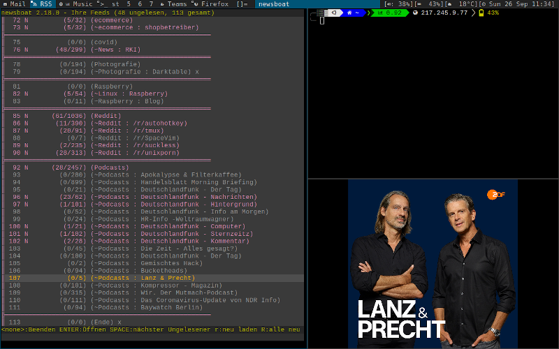 newsboat übersicht mit laufendem Podcast im mpv